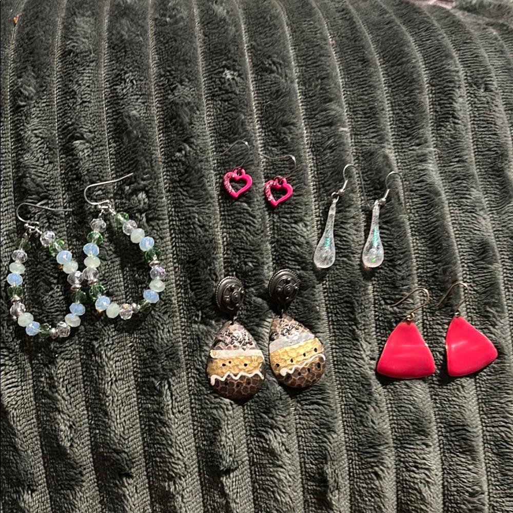 Set of 5 Stylish Dangle Earrings - Pink, Silver, Gold, Green